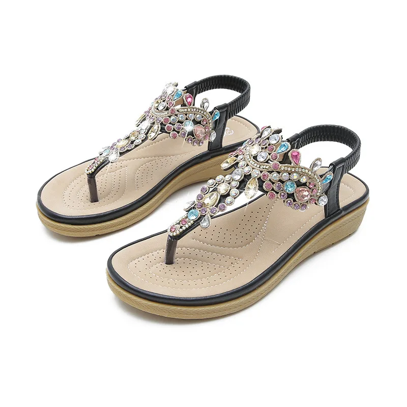 Plus Size 36-41 Shoes for Women Summer New Round Toe Flip Flops Fashion Rhinestone Ladies Sandals Roman Crystal Platform Elastic