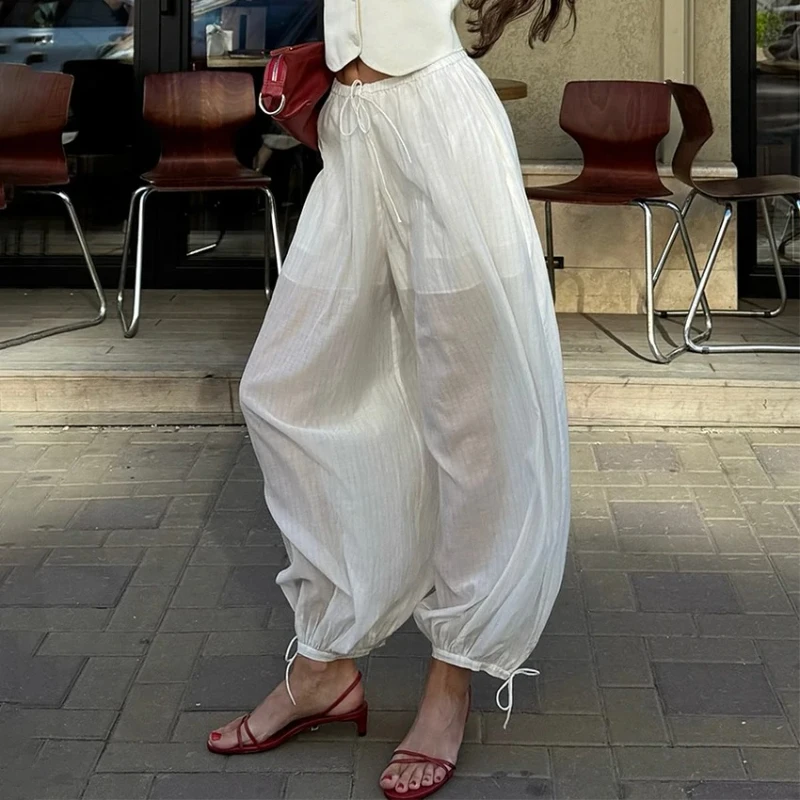 

Street Loose White Bloomers Pants Women Summer Sexy Elastic Waist Trousers Fashion Lace Up See Through Pants Female