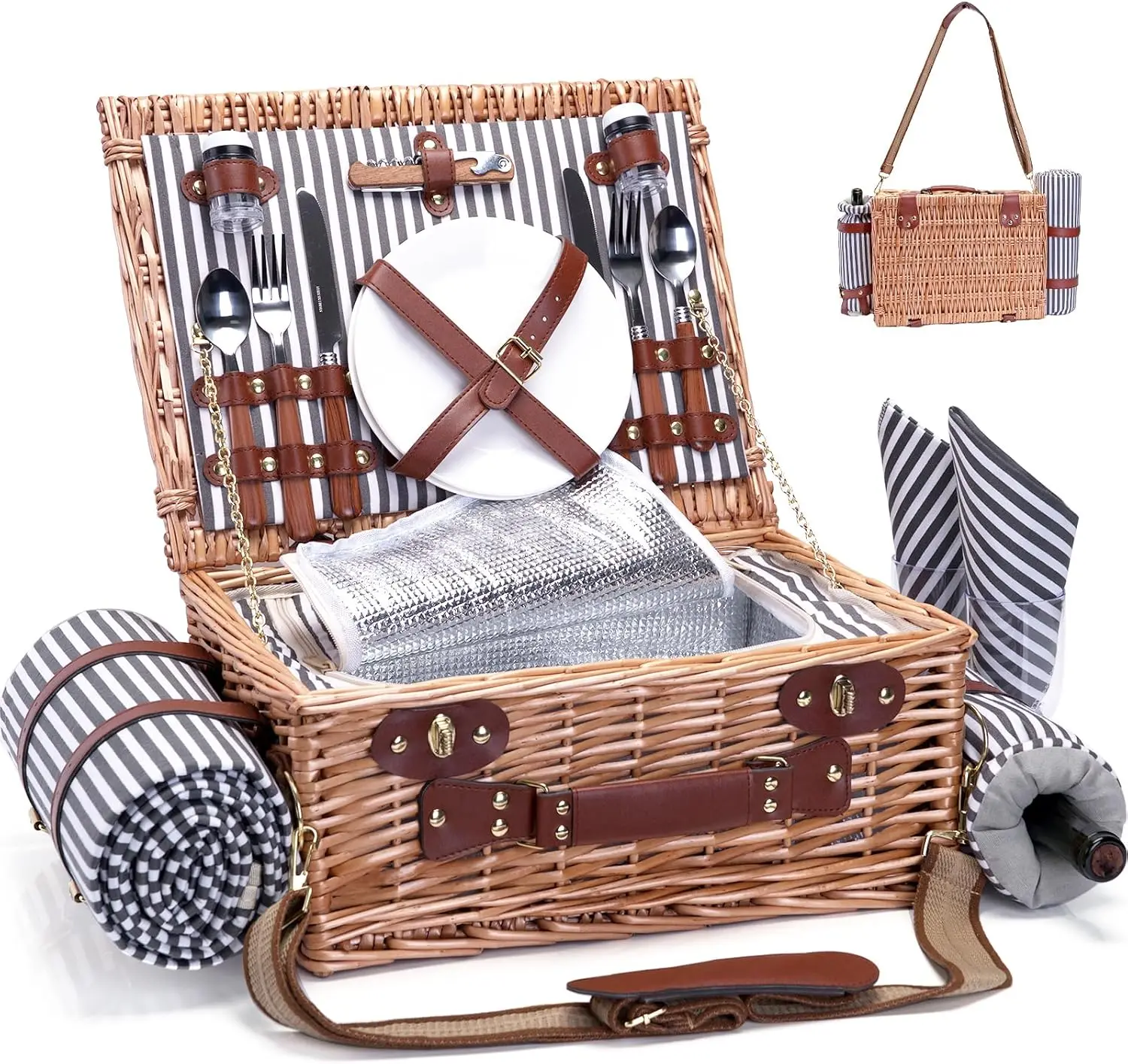 Cesta de Picnic de Mimbre para 2 Personas con Manta y Bolsa para Vino, Bolsa Refrigerante Aislada, para Campamento y Bodas