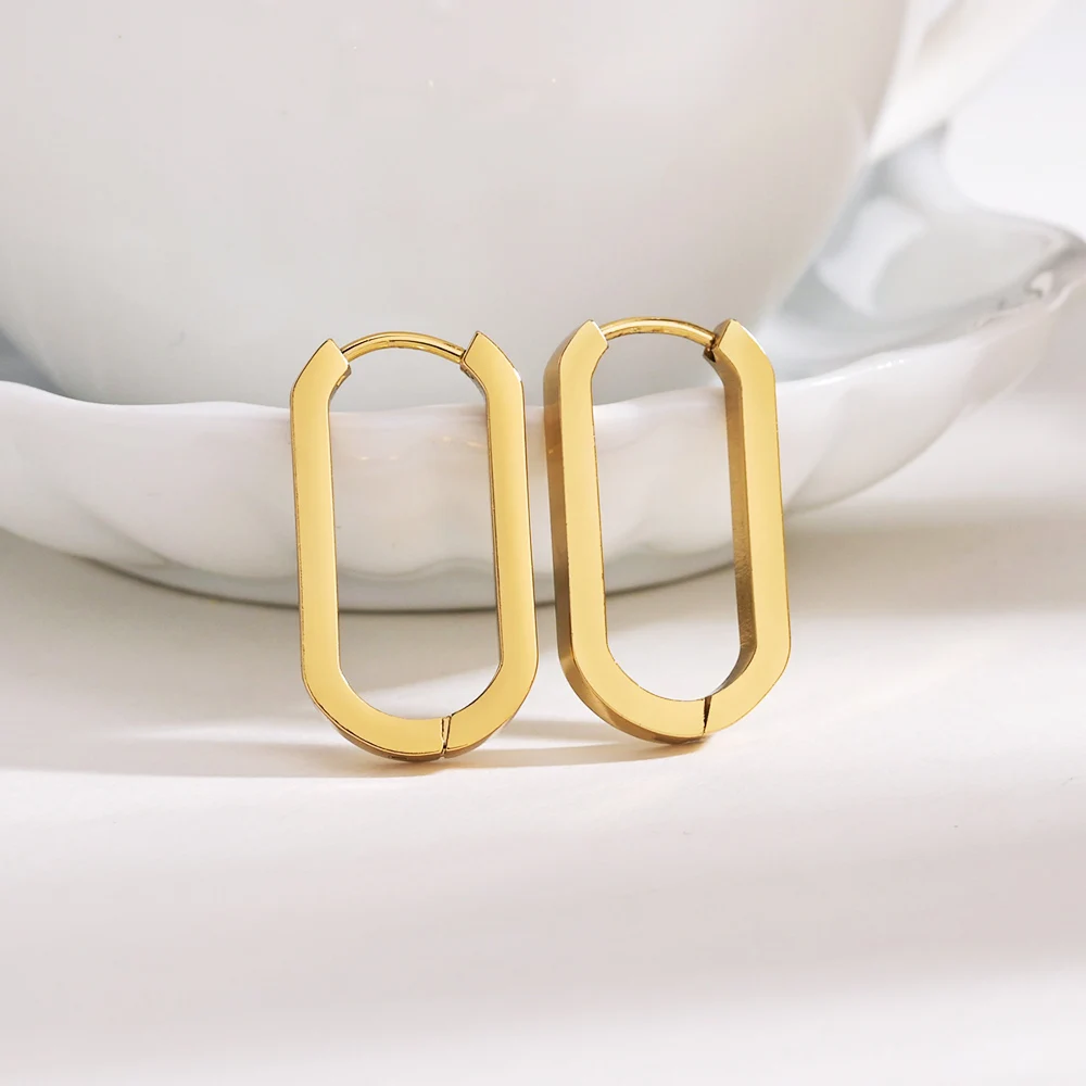 Classic Design Geometric Rectangular Lock Buckle Gold Color Metal Brass Oval Shape Small Hoop Earrings Women Party Jewelry Gift