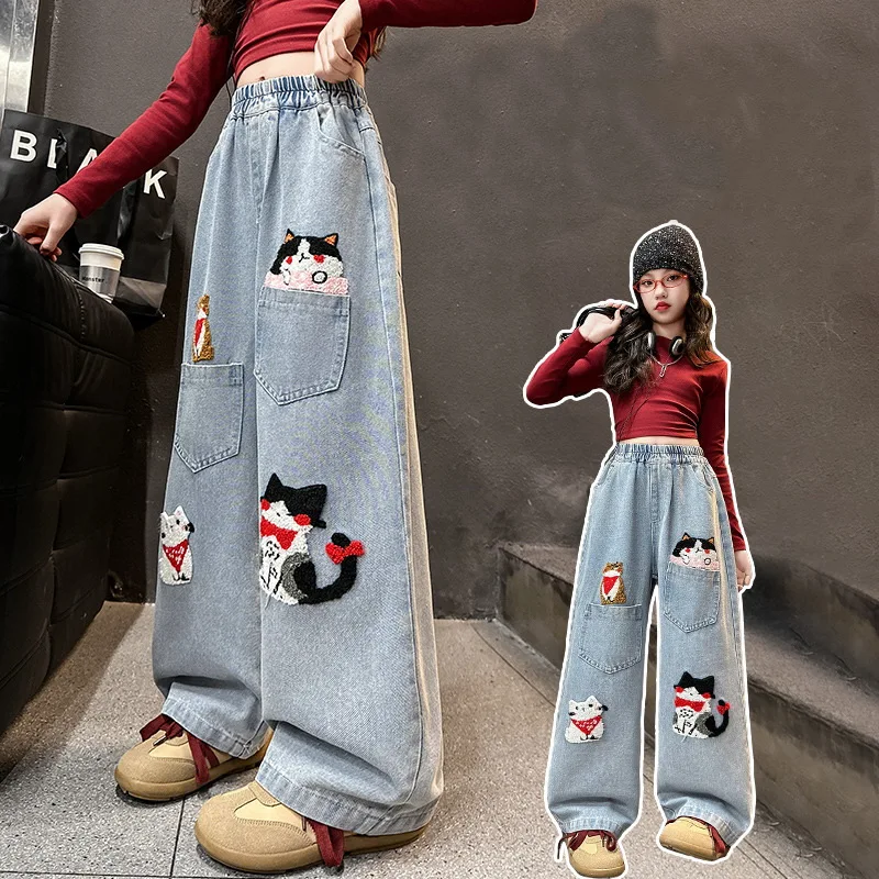 New Design Children Cat Embroidered Printed Jeans For Girls High Fashion Streetwear Denim Pants Kids Trendy Cartoon Trousers