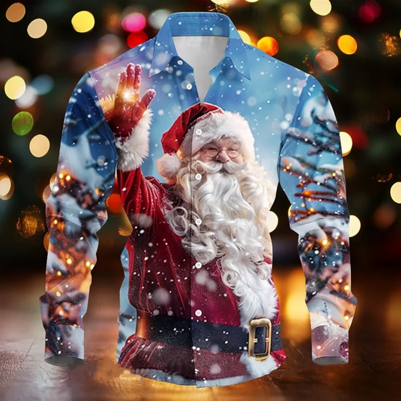 Ano novo papai noel casual masculino botão camisas de manga longa festa noite diariamente outono inverno primavera verão lapelas roupas topos