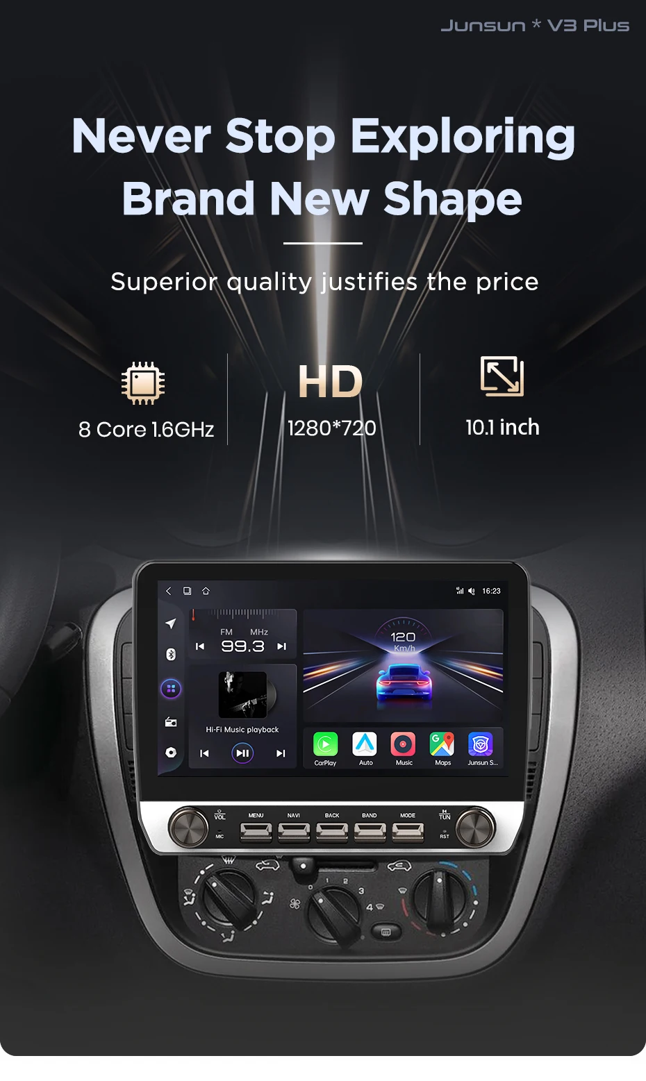 Junsun 10,1-Zoll-Autoradio für Citroen C2 2001 2002-2010, kabelloses CarPlay, Android Auto, intelligente Systeme, IPS-Touchscreen mit physischen Tasten, DSP, GPS-Navigation, WiFi, DAB+, RDS, FM/RAM, BT, SWC, Plug-and-Play, 2DIN-Multimedia-Player – Detail 3