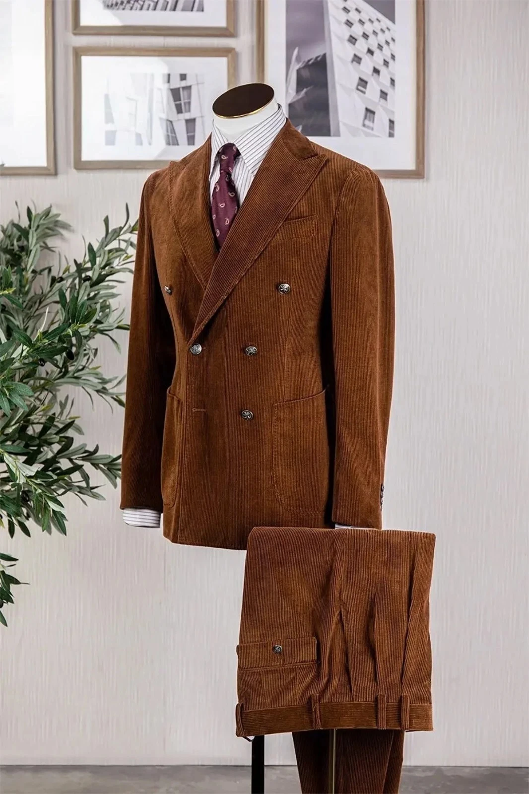 코듀로이 남성 정장 웨딩용 2피스 재킷 바지 정장 두꺼운 가을 겨울 상의 연회 비즈니스 오피스 남성 외투 맞춤 제작