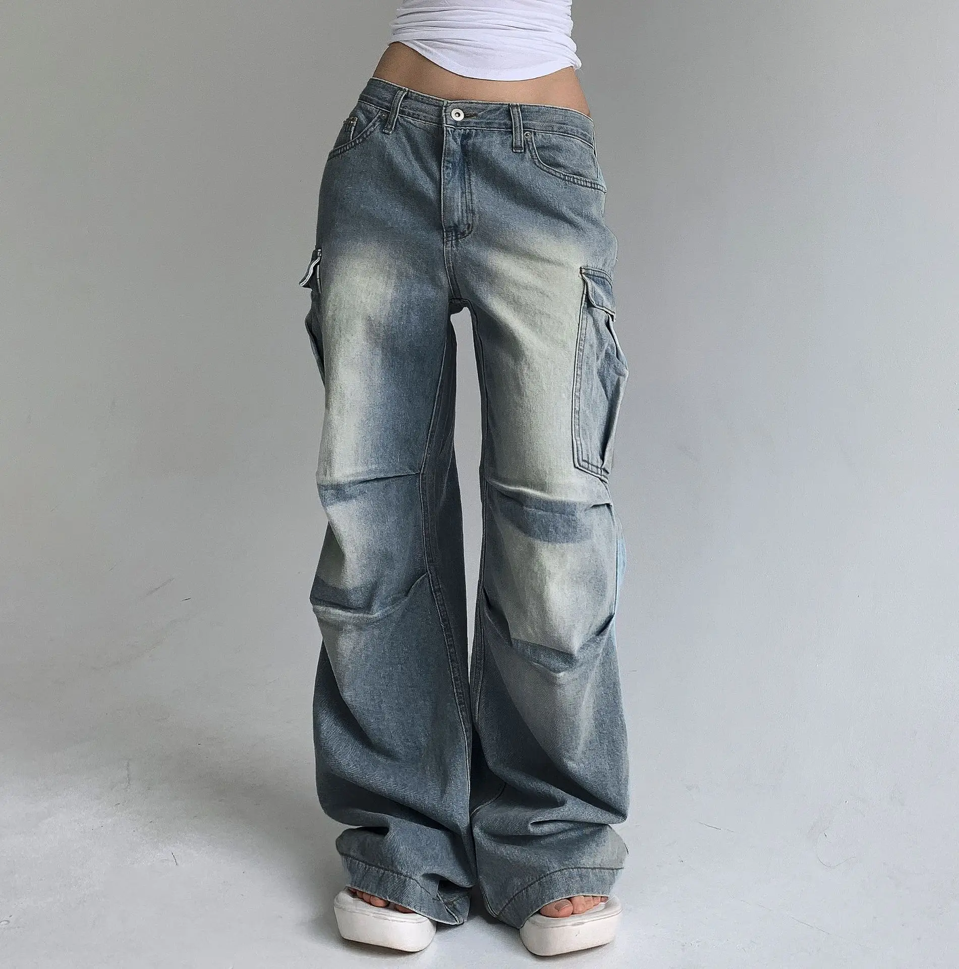 Frauen Jeans Distressed Stickerei weites Bein Hosen Denim in voller Länge Taschen lose gewaschen Vintage Mid Taille Streetwear 2024