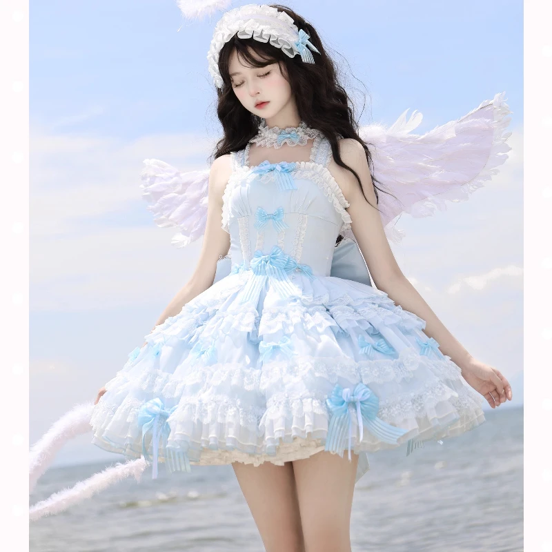 التصميم الأصلي أنيقة الحلو الأميرة الفتاة JSK فستان بكتافة مقوس دانتيل سليم عالية الخصر القوس زائدة Jsk فساتين قصيرة للنساء