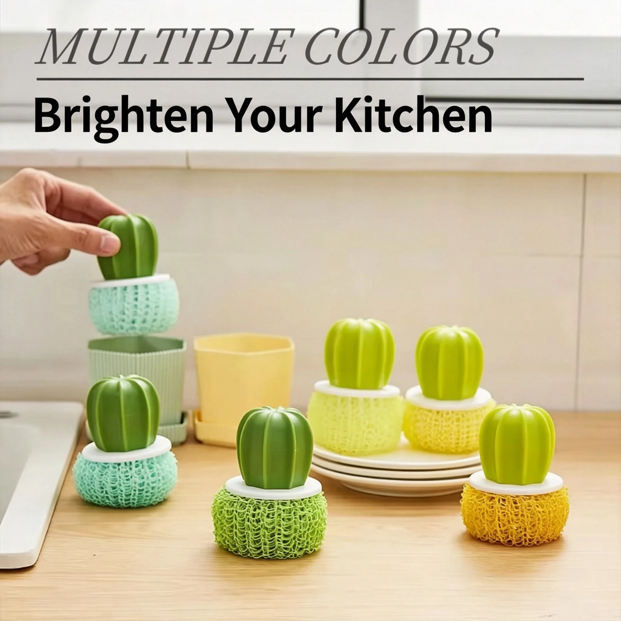 Household Kitchen Cleaning Brush Cactus Dish Washing Brush Potted Plant Washing Pot Brush with Handle Nano Cleaning Ball Gradual