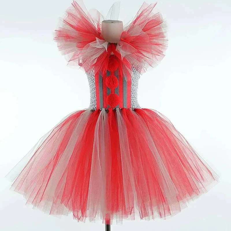 Girls' Grey‑Red Clown Tutu Dress,Gorgeous Outfit for Kids Halloween Carnival Party,Performance Costume for Children‑Themed Party
