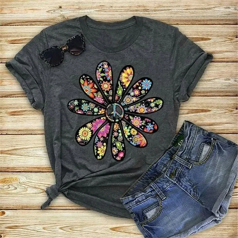 Colorful Daisy Petal Print T Shirt Women Short Sleeve O Neck Loose Tshirt Summer Women Tee Shirt Tops Camisetas Mujer - Image 4