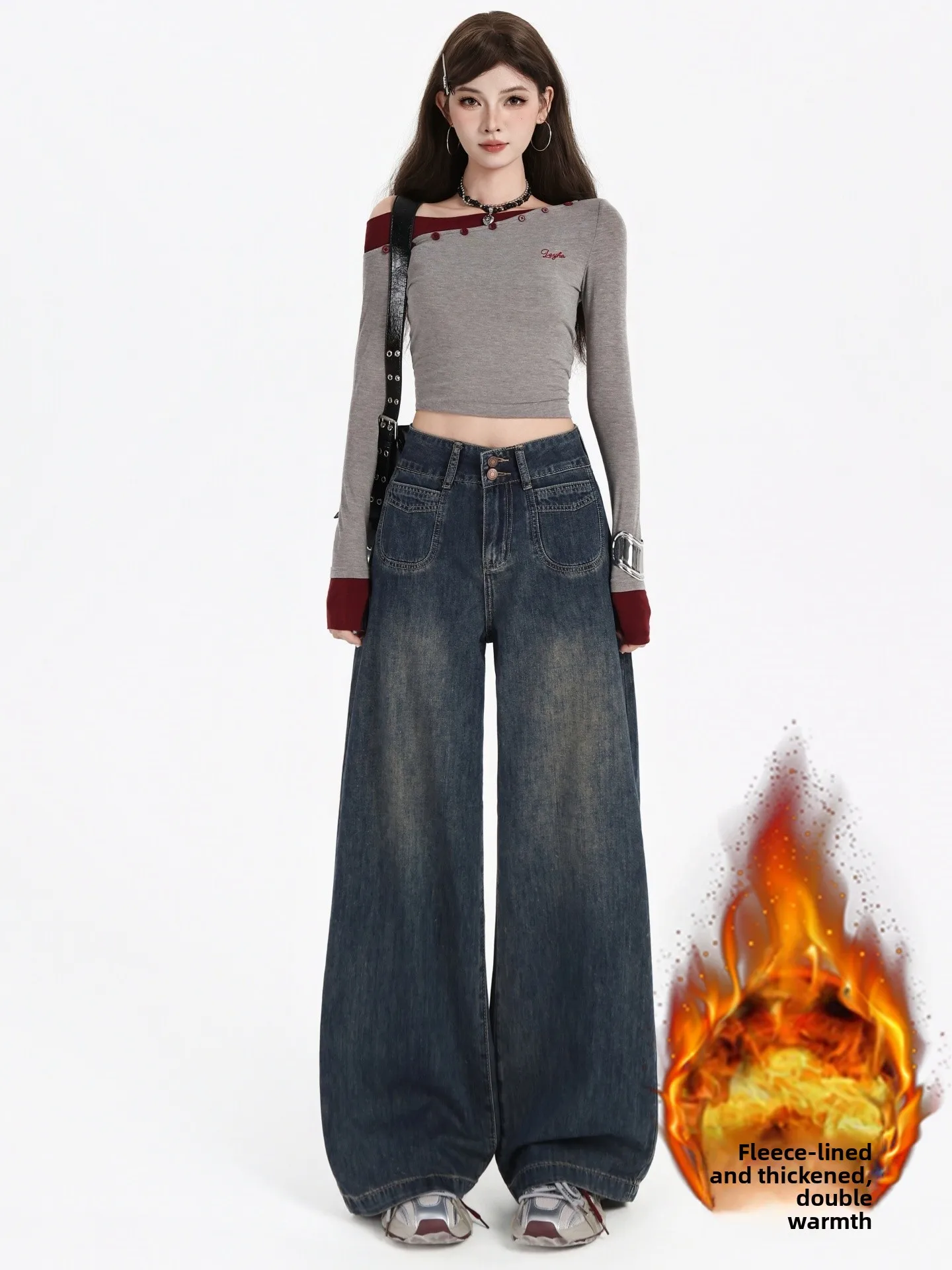 

Американские широкие джинсы, женские свободные брюки с высокой талией на подкладке, свободные утягивающие брюки большого размера в пол, цементные брюки