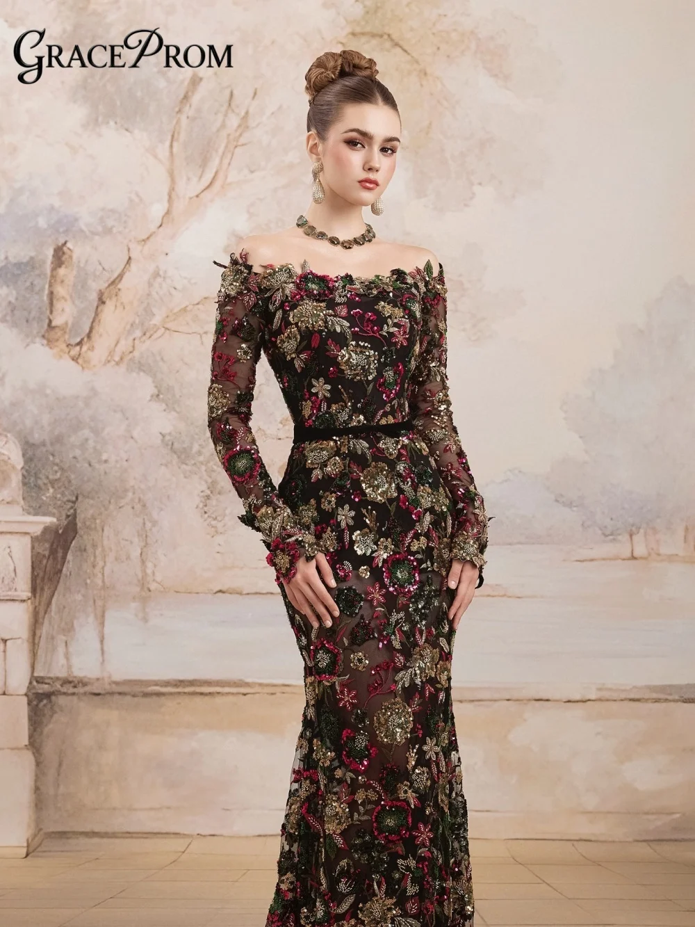 

Opulent Off Shoulder Party Dress 2026 Sheer Long Cuff Sleeve 3D Floral Beaded Black Evening Gown For Wedding Guests فساتين سهرة