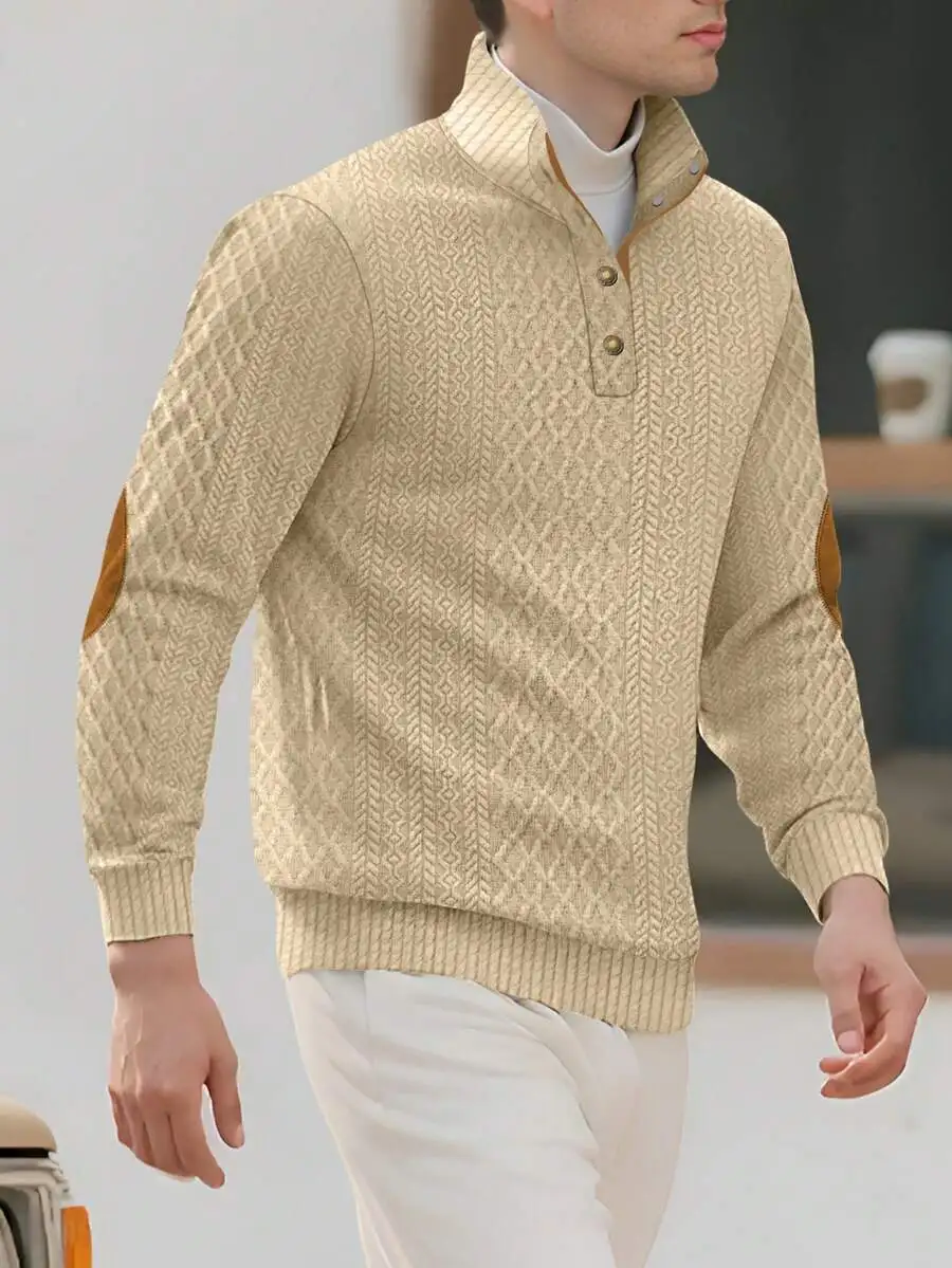

Men's Casual Half-Zip Jacquard Knit Henley with Elbow Patches, Beige