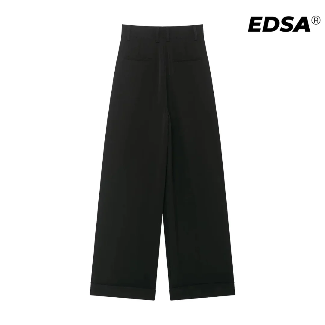 กางเกงขายาวทรงเอวไม่สมมาตรสีดำสำหรับผู้หญิง แบรนด์ EDSA เอวกลาง มีห่วงเข็มขัด กระเป๋าข้าง เหมาะสำหรับสาวออฟฟิศ
