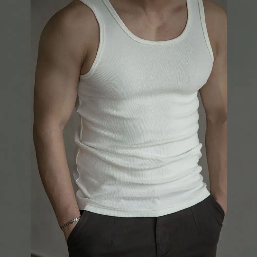 Casual Mens Muscle Vest Ribbed Cotton Tank Top Slim Fit Vintage Summer Apparel Breathable Gym Training Sleeveless Shirt