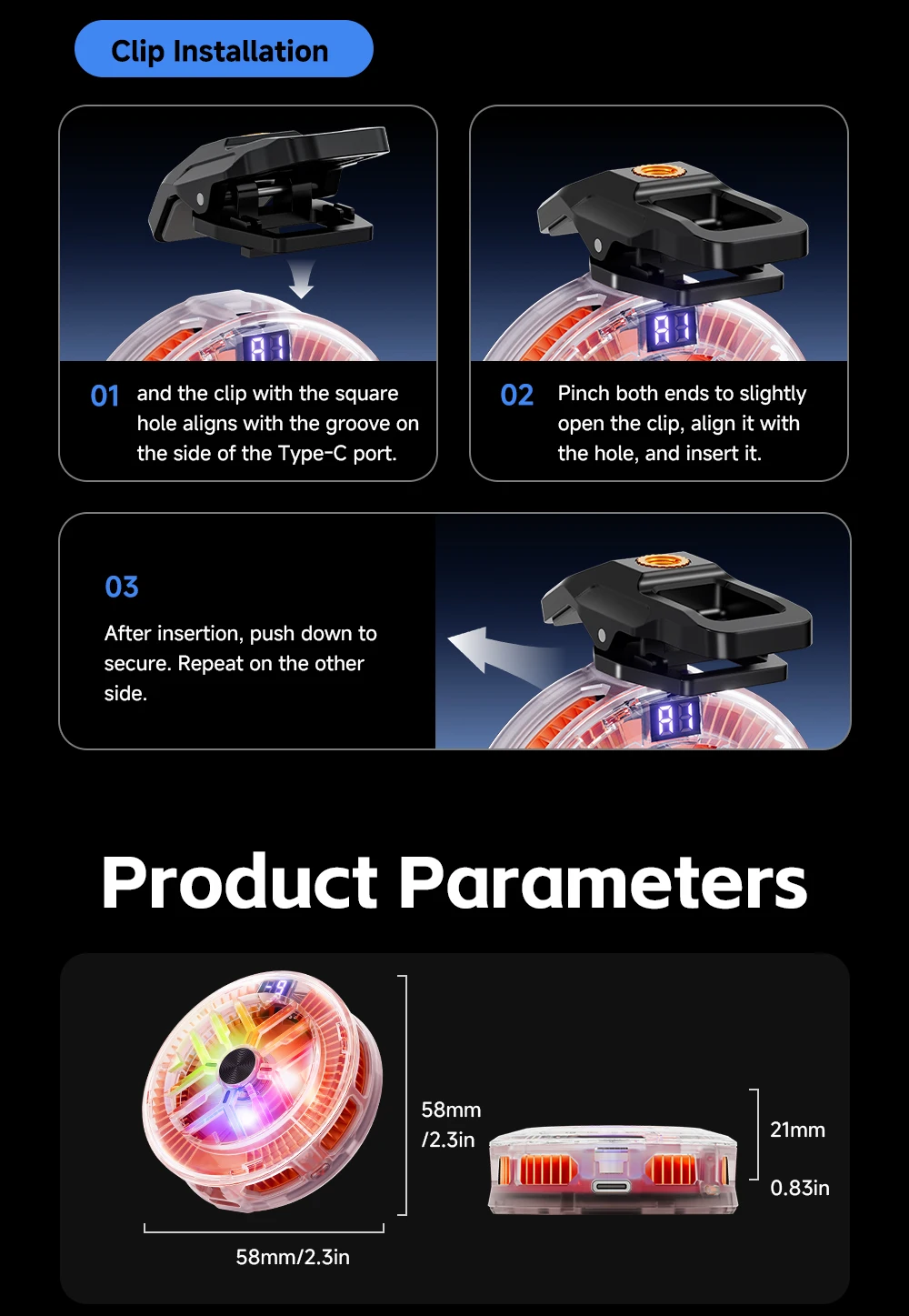 Essager Magnetischer Rückenclip 2-in-1 Telefonkühler Rückenclip Smart Digital Display RGB-Licht Geräuschloser Kühlventilator für iPhone Live – Detail 17
