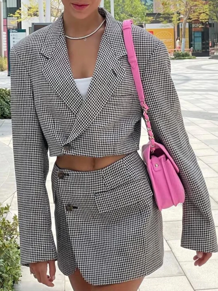 Autumn Plaid 2 Piece set for women Korean style Crop blazer Long sleeve jacket Slim High street Mini skirt Fashion INKEO 3O160