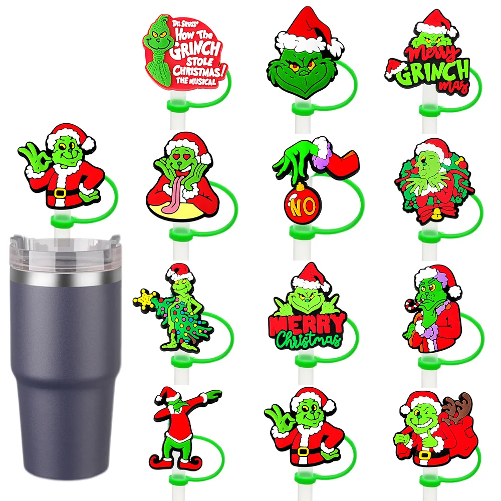 1-12pcs New Christmas Straw Cover Cap Drink Straw Plug Reusable Splash Proof Fit Cup Accessories Straw Cap Charms Pendant Gift