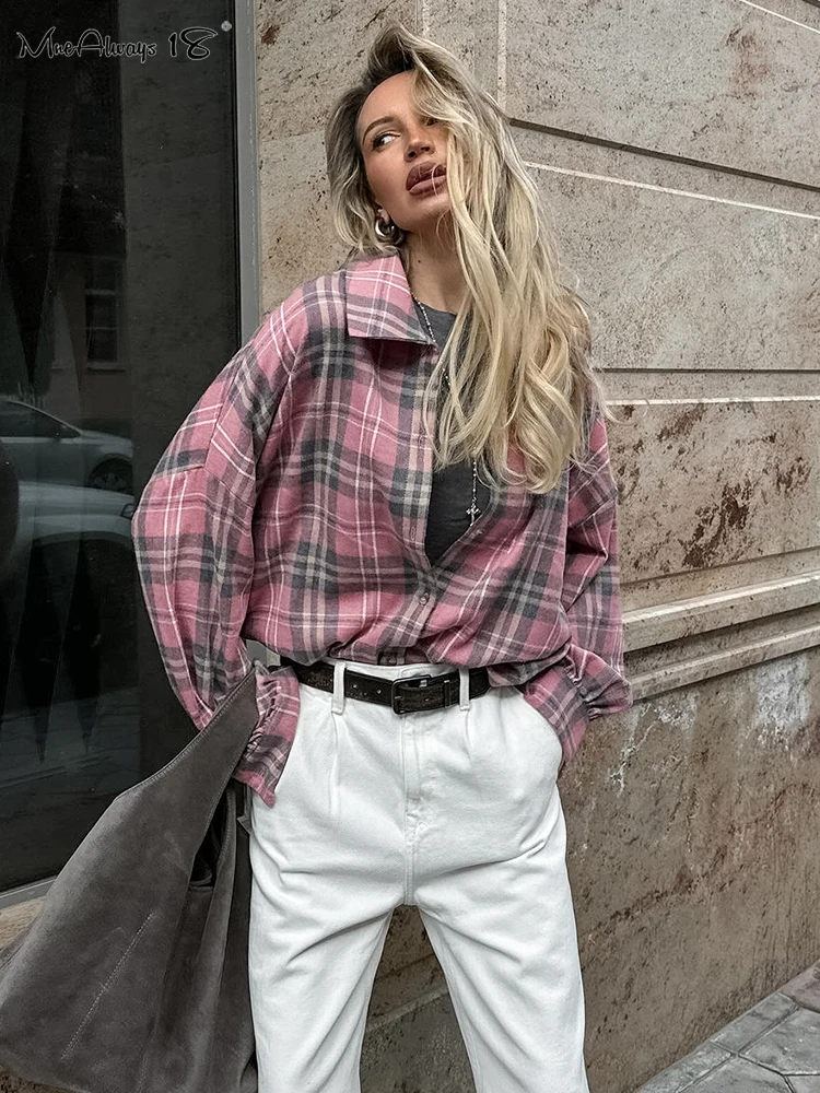 Mnealways18 Pink Plaid Shirts And Tops Women Street Wear Gingham elegant Long Sleeve Top Single-Breasted Oversized Shirt Ladies