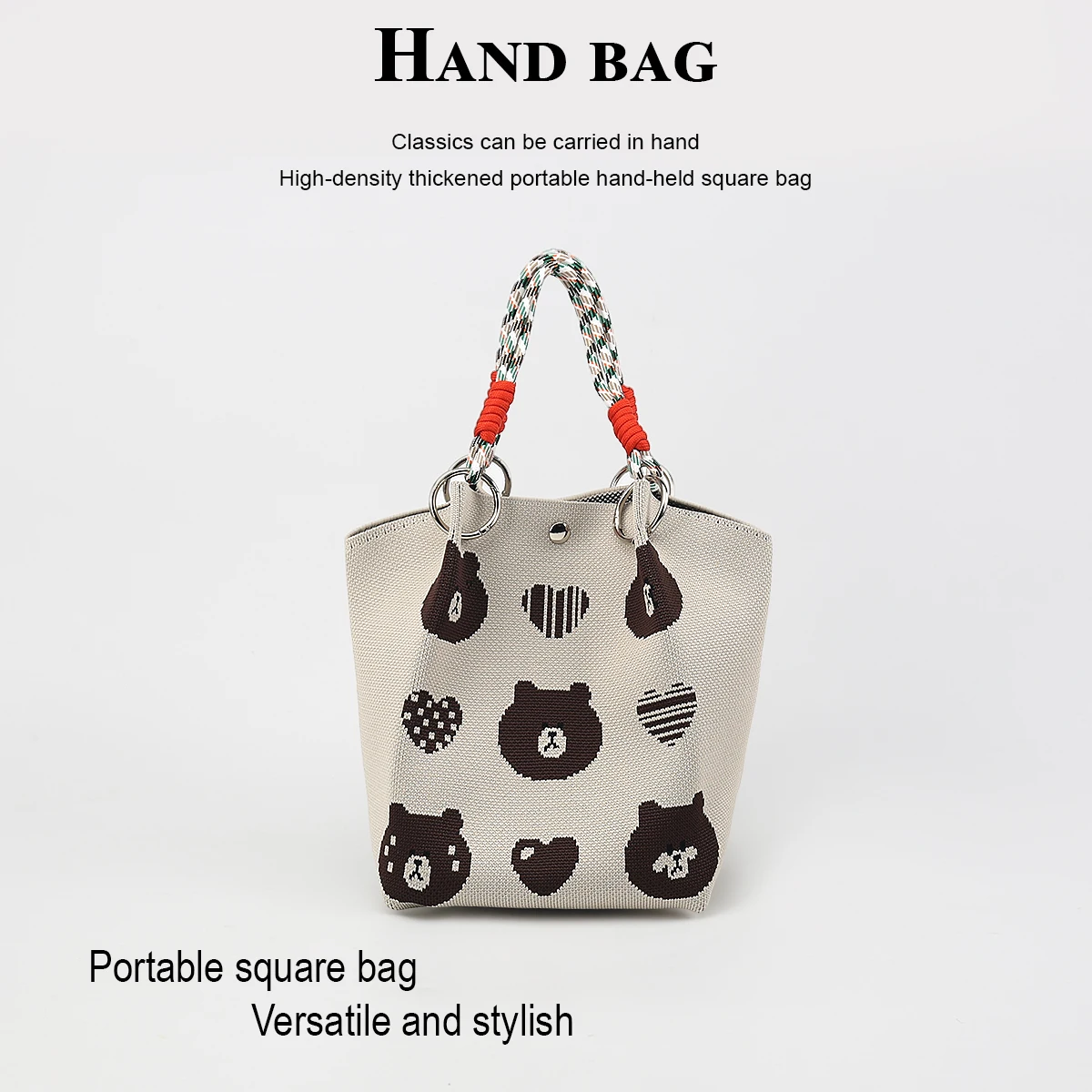 Women's handbag, casual and versatile with bear motif, detachable circular handle, multi-colored rope strap, easy and quick to close, suitable for commuting, shopping, traveling, and outings, can hold a cell phone, wat