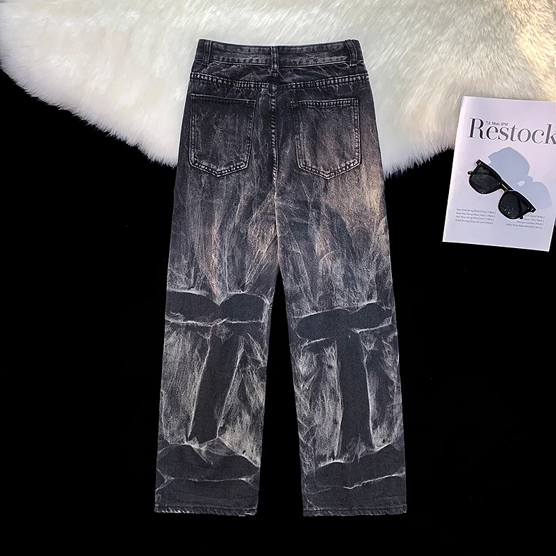 Washed Jeans Men Panelled  Do Old Loose Wide Leg Retro American Style Hip Hop High Street Asymmetrical Handsome Unisex