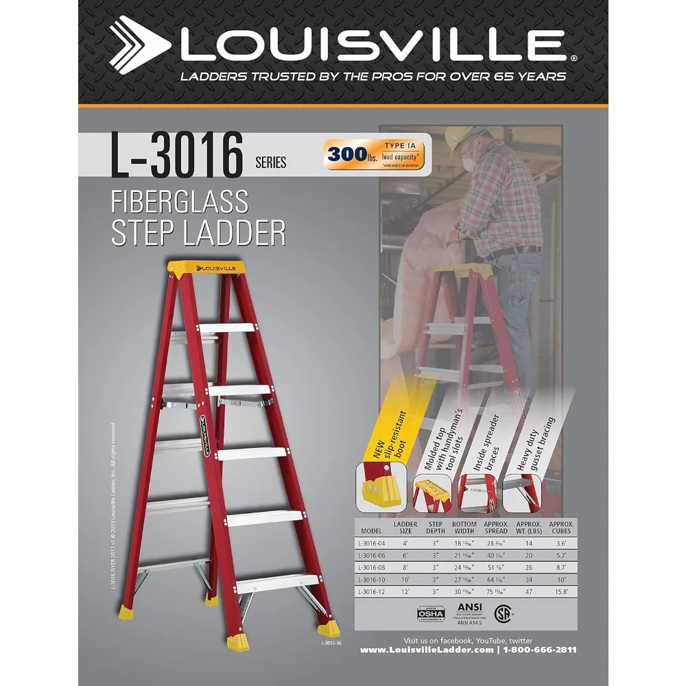 Escalera de fibra de vidrio Louisville, 4 pies, capacidad de 300 libras, tipo IA, modelo L-3016-04