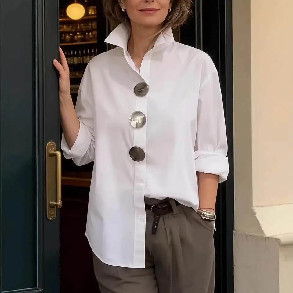 

Pure Color Long Sleeve Shirt with Metal Button Stand Collar Independent Station Spring Summer New Arrival Women's Business Ca...