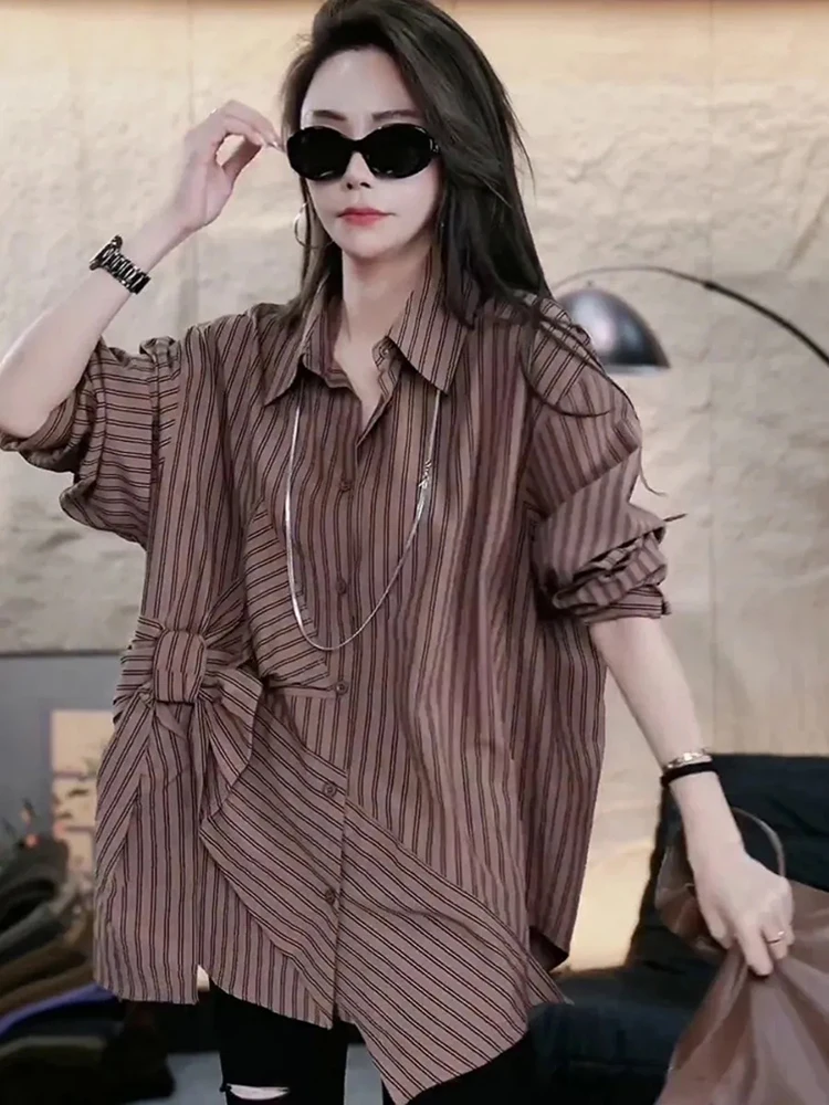 Listrado irregular camisas femininas vintage arco retalhos elegante senhora do escritório blusa outono solto casual manga longa botão feminino topos