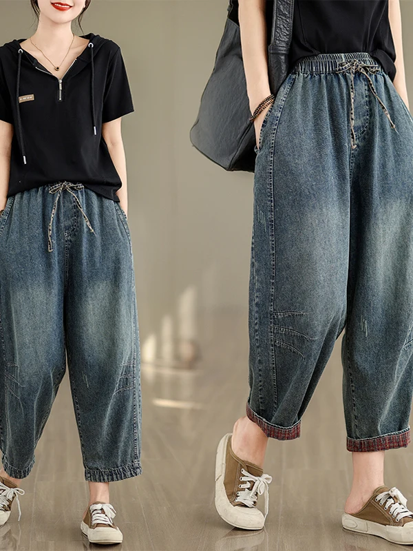 Jeans da donna retrò in cotone pieno Patchwork di colori estivi Pantaloni di cavolo a nove punti Pantaloni Harlan Pantaloni a gamba dritta a vita alta