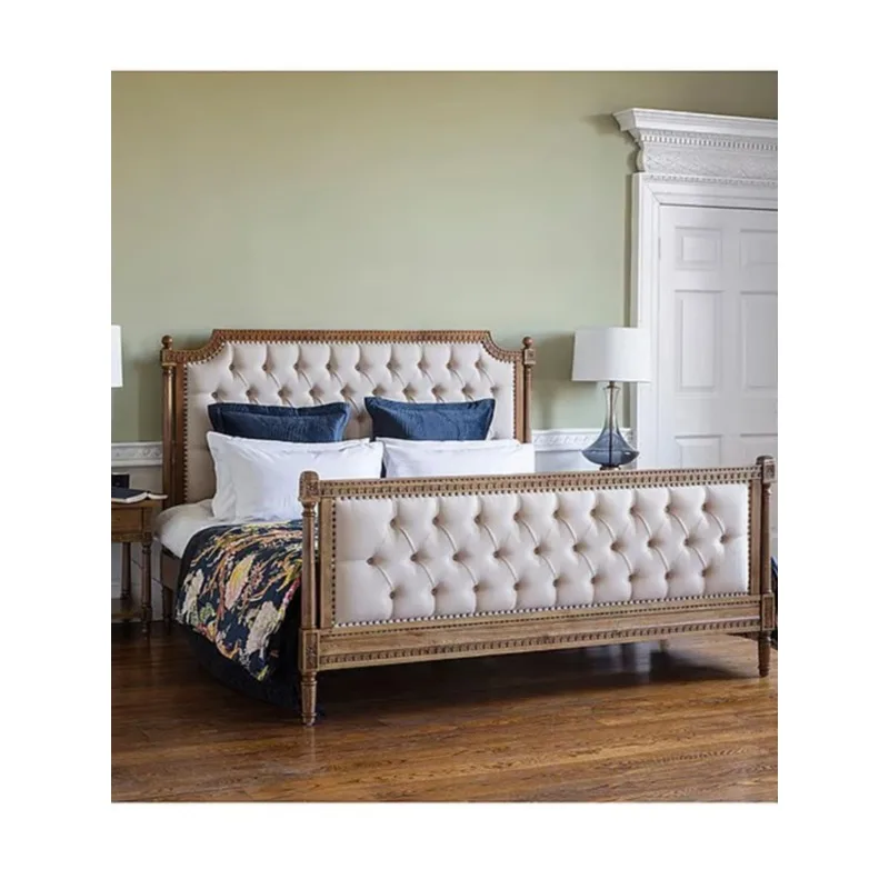 Factory Direct 2026 Retro solid wood bedroom double bed European luxury master bedroom buckle fabric soft bag bed
