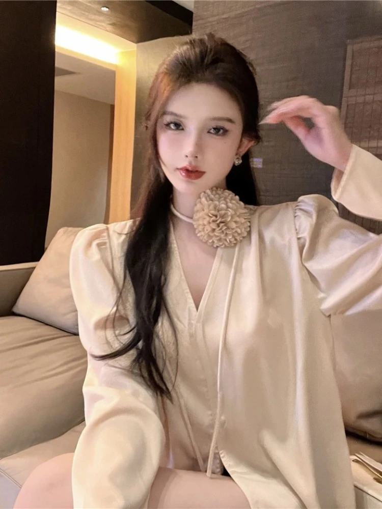 

Новинка ранней осени 2026: женская рубашка с V-образным вырезом, длинными рукавами и завязками, в стиле минимализм, с нотками женственности и универсальности