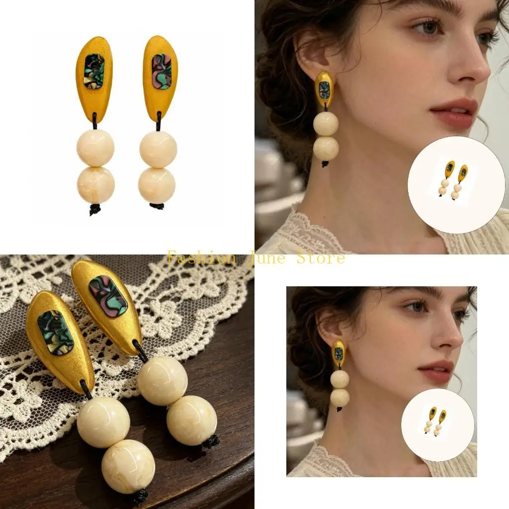 N5KA Long Fashion Earrings for Women in Gold Tone and Cream Bead Colors, 9 x 2 Decorative Pair for Daily Styling and Photo Ready