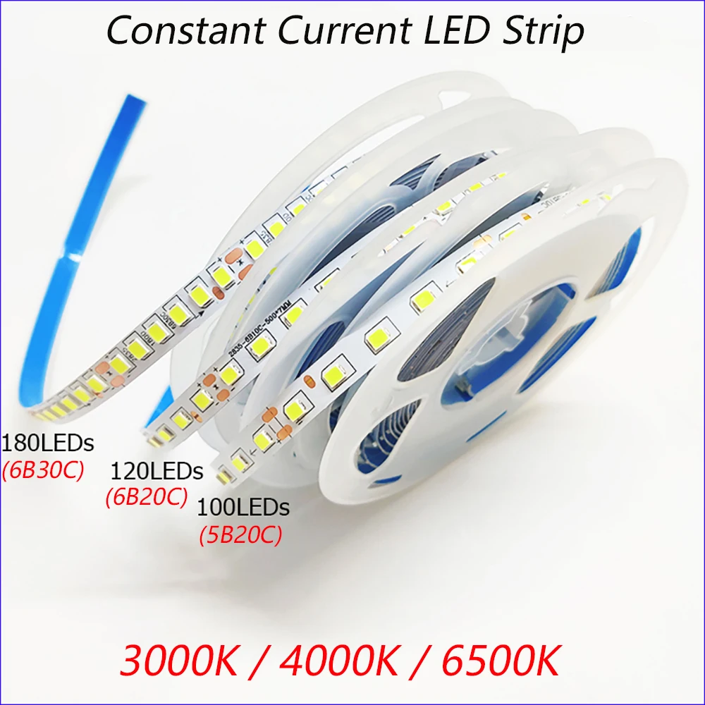 Bande LED flexible monochrome, ruban LED, ceinture LED, SMD2835, 7mm, 100 gible, 120 gible et 180 gible, courant constant, 3000K, 6500K, 5 mètres