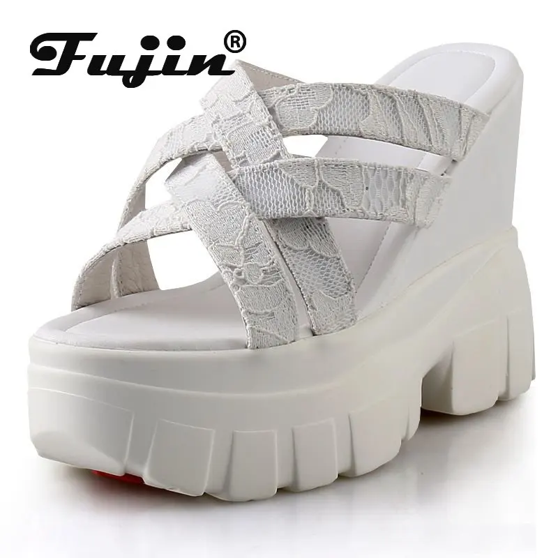 Fujin 13CM 2024 Air Mesh Weave Lace Hidden Heel Slippers Women Sandal Shoes Fashion Summer Peep Toe Super High Platform Wedge