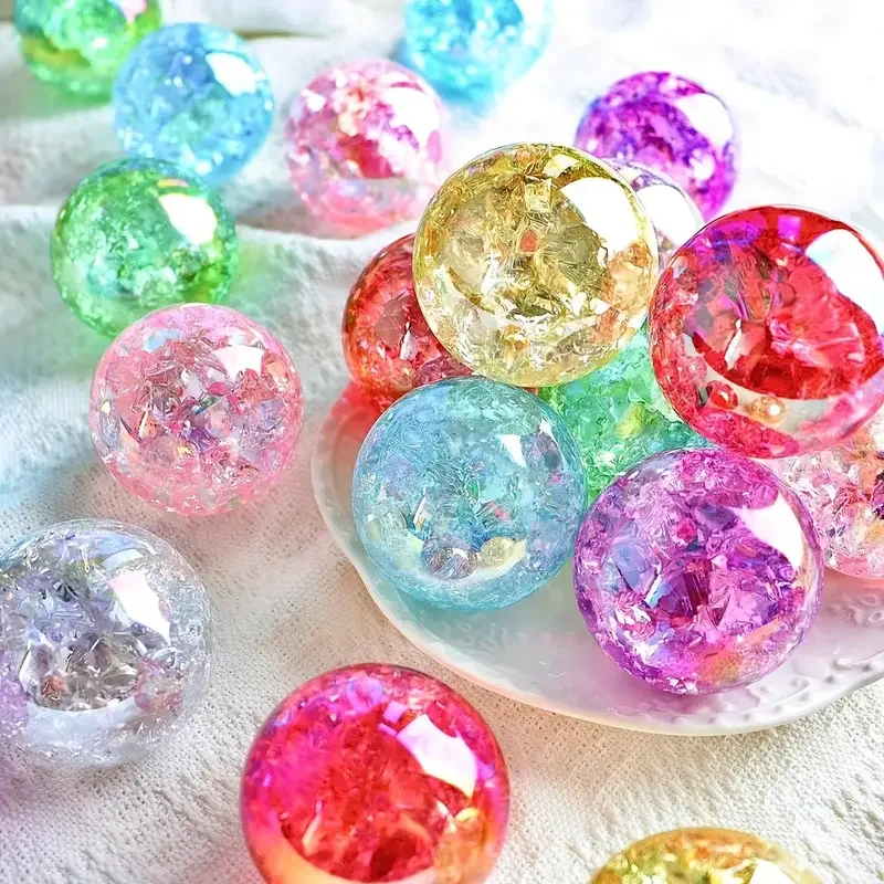 1pc Colorful Transparent Crackle Acrylic Round Bead Colorful Crystal Stone Loose Bead For DIY Necklace Bracelet Crafts Making