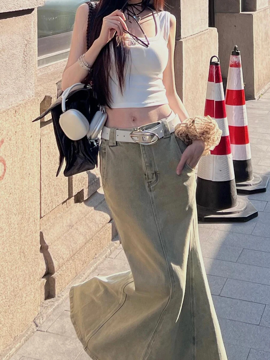 PBAP Sólido Lavagem Denim Maxi Saia Mulheres Cintura Alta Ponto Bolsos Fazer Velho Split Sereia Saia Jeans Longa Verão Vintage Streetwear