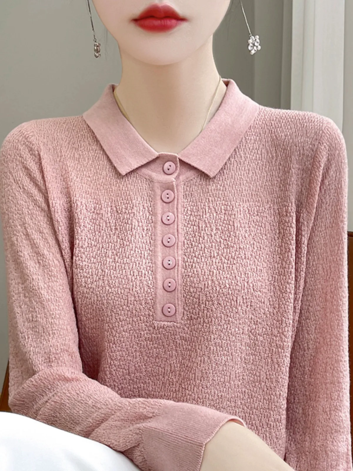   Długi sweter z kołnierzykiem, dzianinowa warstwa bazowa, uniwersalny, modny design, faktura, damski top, do pracy, prosty materiał...