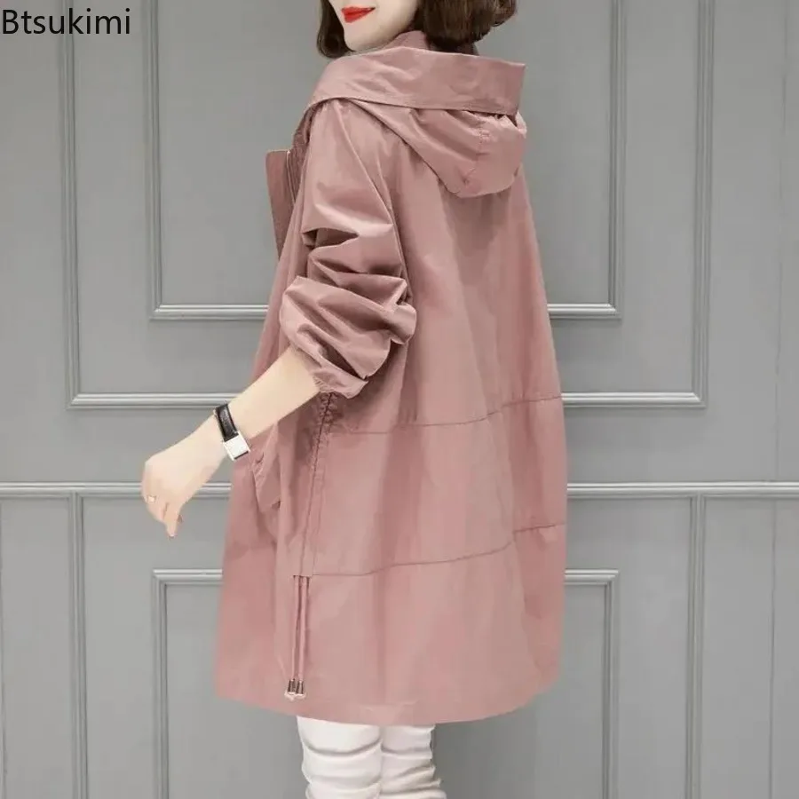 Women Hooded Mid Length Trench Coat Long Sleeve Solid Adjustable Waist Multi Pockets Spring Autumn Loose Casual Commuter Outfit