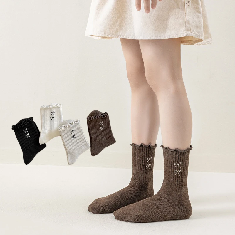4 Pairs/lot Children's Socks Ruffled Sweet Korean Bow Mid-tube Socks For Girls Spring Autumn Retro Versatile Kids Student Socks