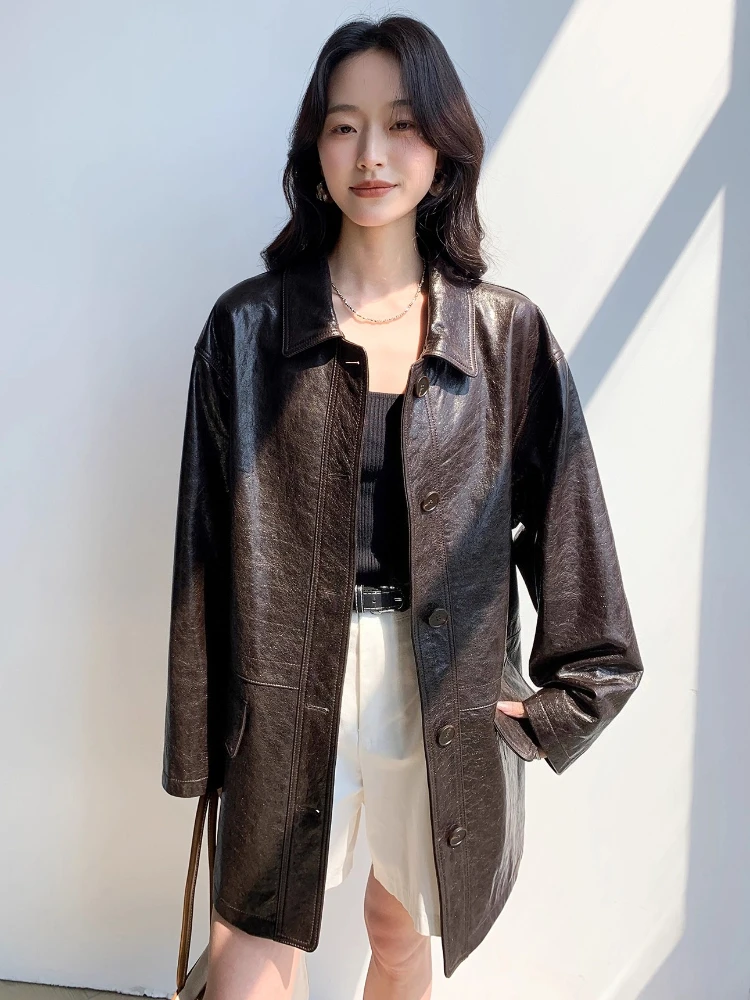 منتصف طول سترة واقية من الجلد الطبيعي سترات النساء الخريف الشتاء الراقية بسيطة فضفاضة الصلبة لينة النفط الشمع معطف جلد الغنم الحقيقي