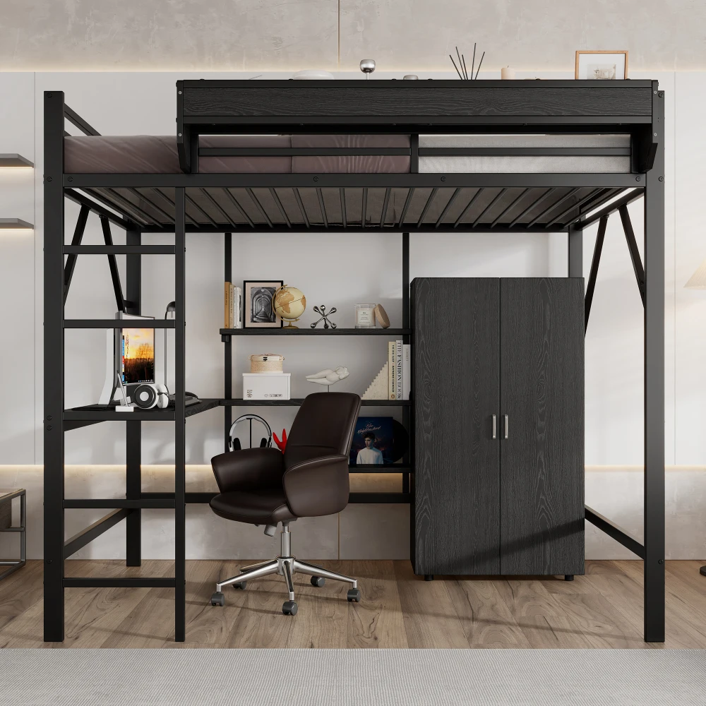 PINGGO Eisen-Hochbett mit Schreibtisch, Doppelstauraum, Kleiderschrank, Eisen-MDF, Schwarz, 140x200cm, ohne Matratze