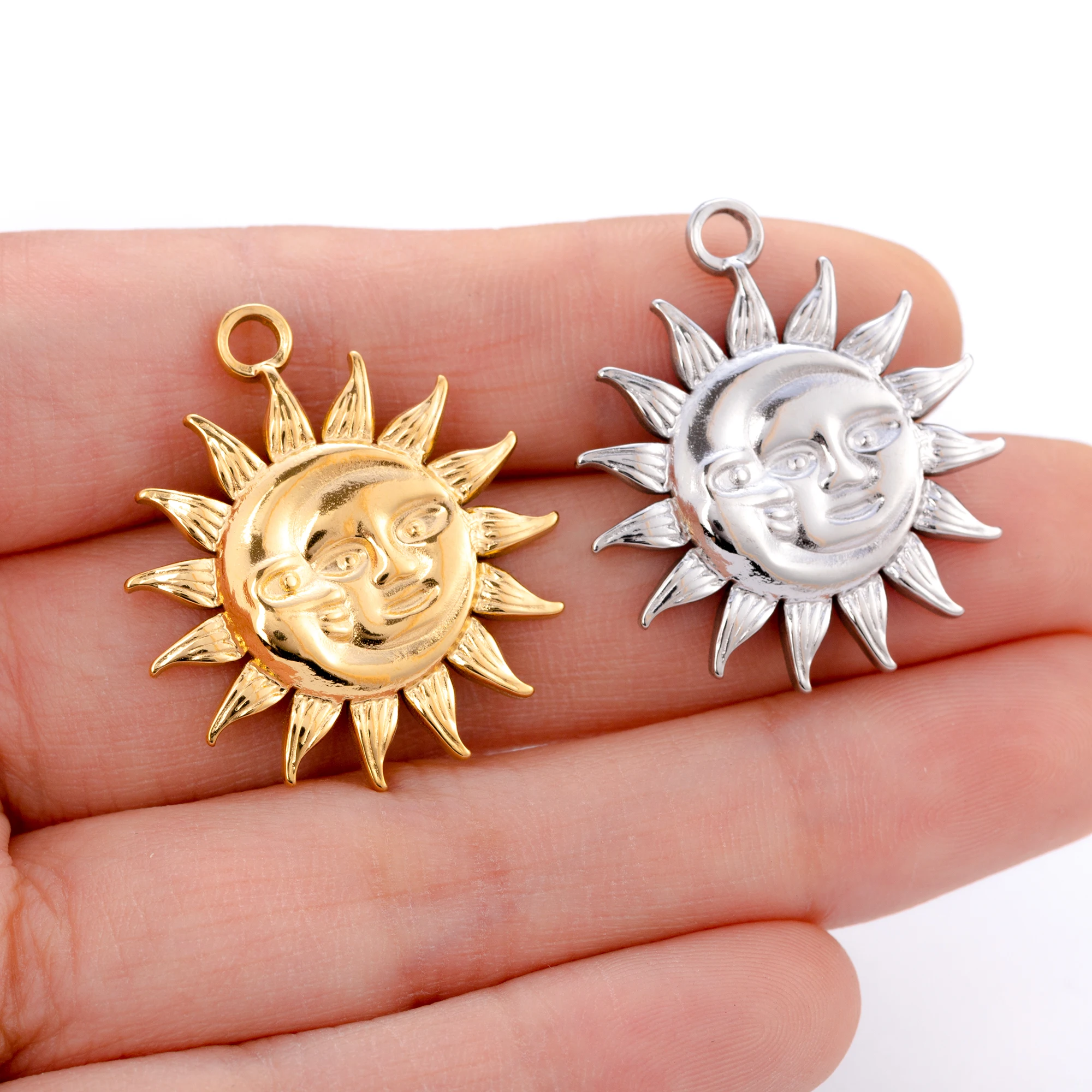 3Pcs/Lot 3D Face Sun& Moon Charms for Jewelry Making Supplies Stainless Steel Pendant Charm for Necklace Bracelet Accessories