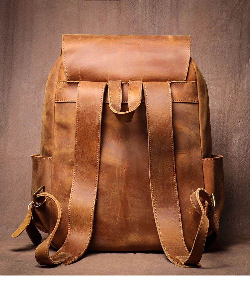 LUOKIR جودة عالية حقيبة ظهر من الجلد الطبيعي خمر كريزي هورس جلد البقر حقيبة مدرسية فاخرة حقيبة الكمبيوتر لأجهزة الكمبيوتر المحمول 15 بوصة