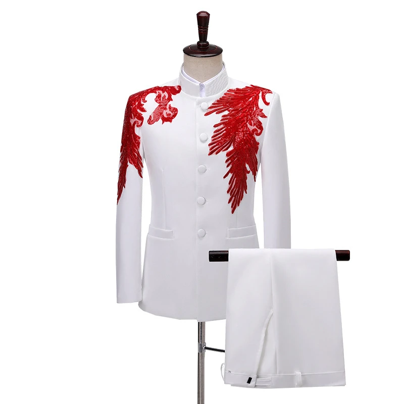 

Men's Blazers Sets Men Brand Mandarin Collar Single Breasted Blazers Wedding Party Stage Host Costume Homme