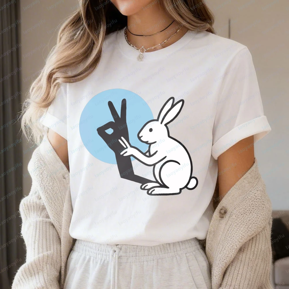 Rabbit Peace Sign Women T-Shirt Cotton Rabbit  Lover Clothes Short Sleeve O-Neck Casual Fashion Top for Her Spring Summer Gift