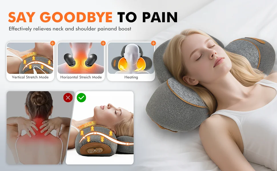 3-in-1 Neck Massager Pillow with Heating & Cervical Traction, Ergonomic Cervical Pillow for Neck Pain Relief Neck Pillow