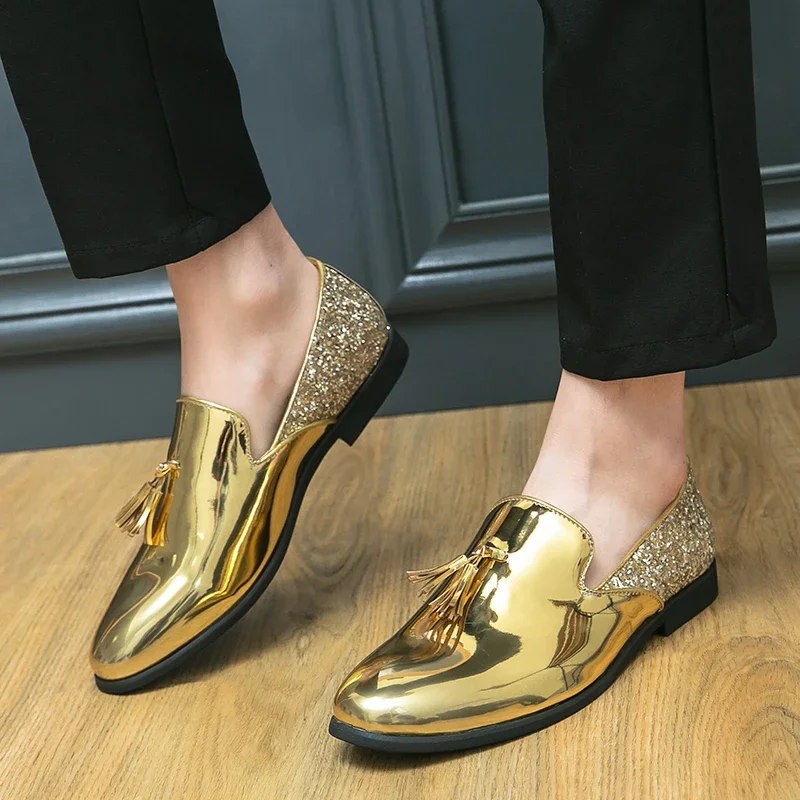 Shiny Tassel Pointed-Toe Shoes, English Style Large Size Formal Leisure Shoes, Ankle-Length Loafers for Men