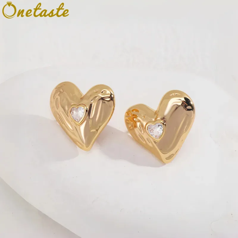 

925 Sterling Silver Gold Plated Heart Shaped Stud Earrings Women Cubic Zirconia High Polished Simple Dainty Earring Love Gift