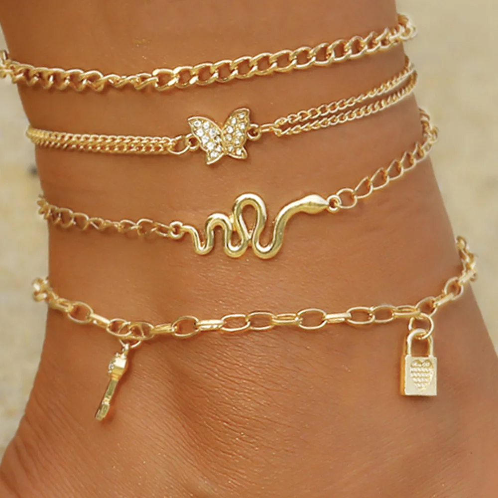 Bohemia Gold Color Snake Ankle Bracelet Set For Women Butterfly Key Lock Charm Anklet Chain On Leg Boho Jewelry Gift