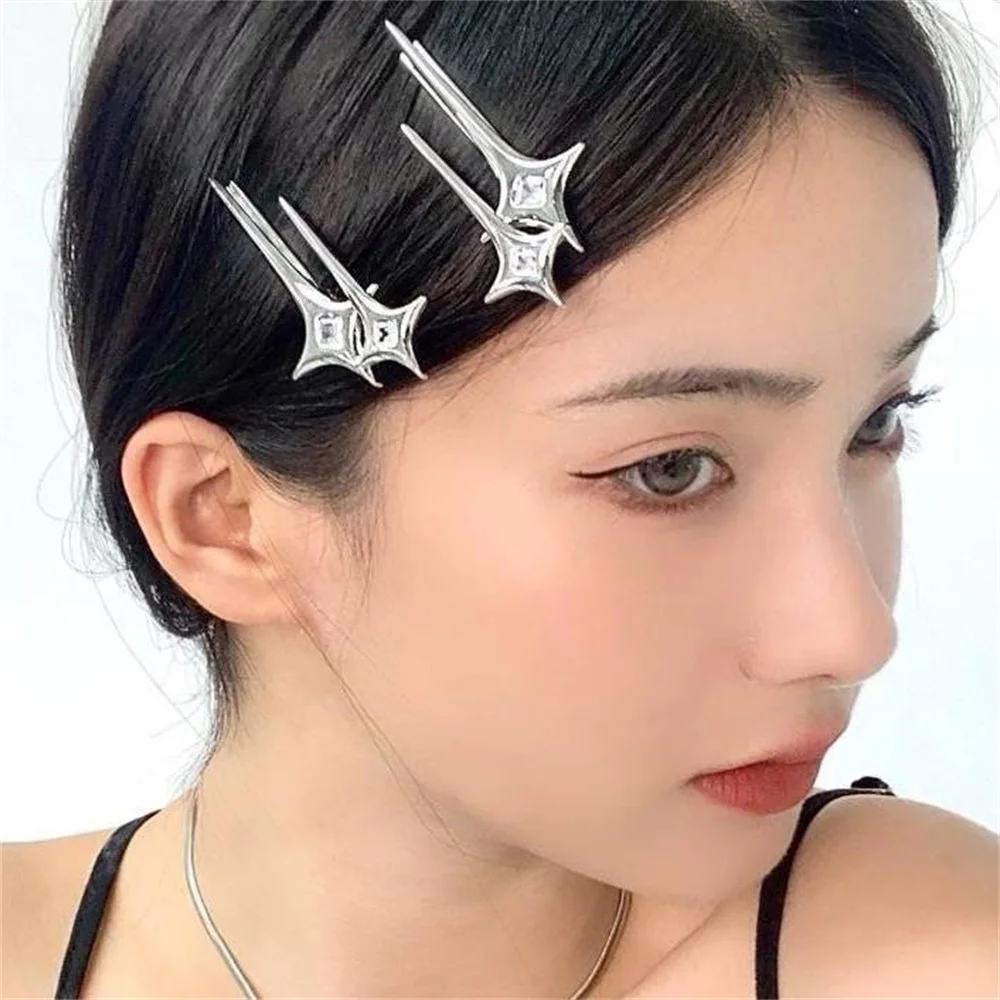 2PCS/Set Fashion Metal Stars Hair Clip Pins for Women Leaf Temperament Crystal Retro Bangs Edge Clip Alloy Barrettes Wholesale