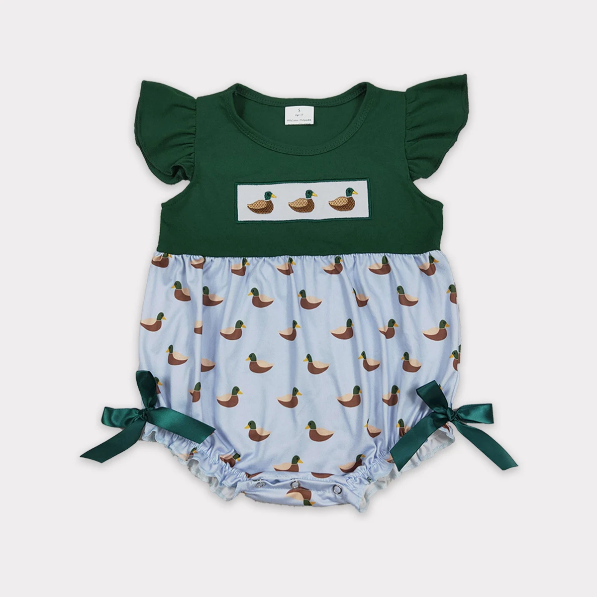 Baby Clothes Girl Embroidery Ducks Green Boy Short Sleeve Hunting Ruffle Romper Toddler Infant Jumpsuit Kids One Piece Wholesale